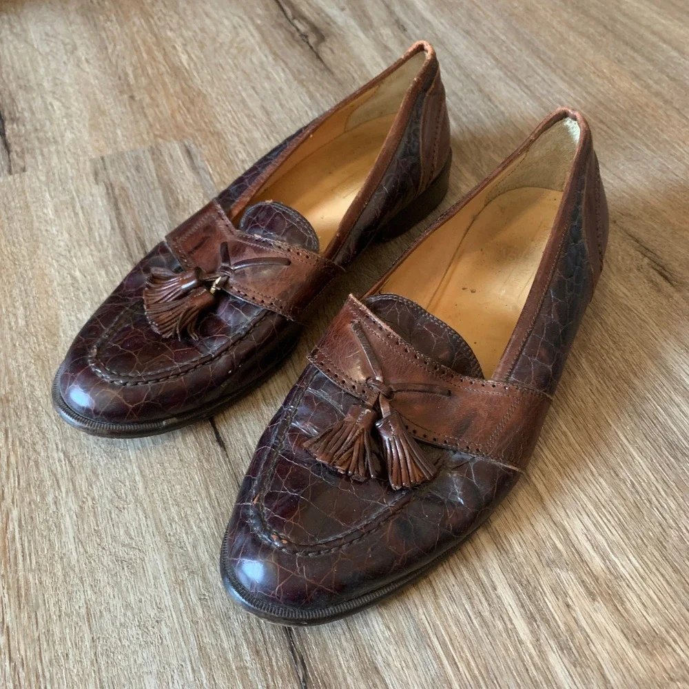 Johnston & Murphy brown crocodile leather tassel loafers - made Italy -size 11.5